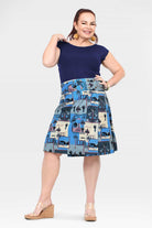 Reversible long skirt in blue and cream with colorful graphic patchwork print