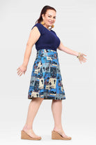 Reversible long skirt with blue and cream graphic patchwork print, knee-length