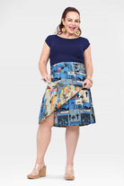 Reversible long skirt with blue and cream graphic print and gathered overlap hem