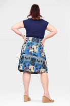Reversible long skirt, back view, blue and cream graphic patchwork print